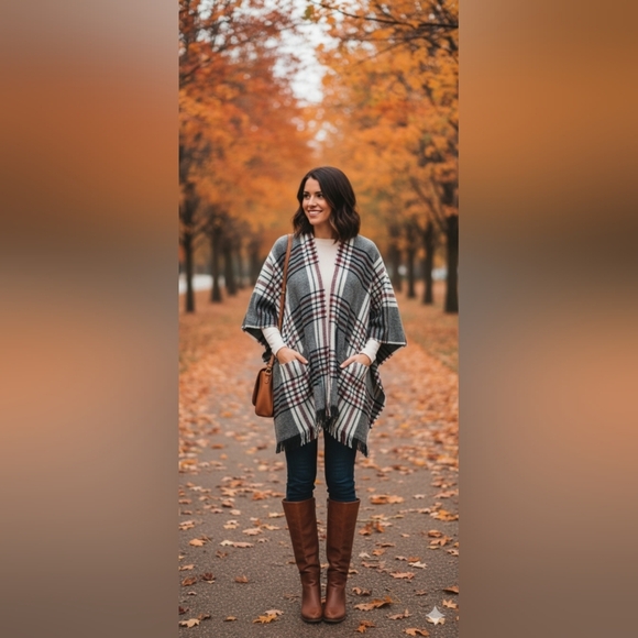 Quagga Plaid Print Poncho With Pockets One Size (EUC) - Picture 1 of 14